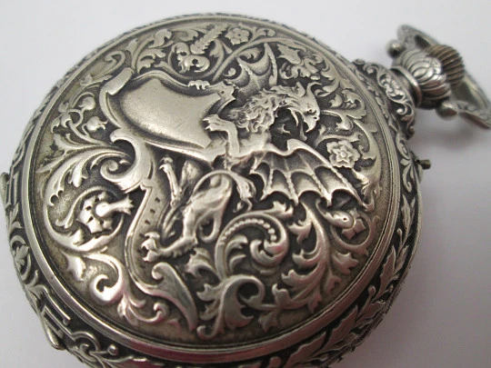 Hebdomas 8 days open face. Silver plated. Stem-wind. Dragon engraving. 1910's