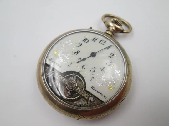 Hebdomas. Gold plated. 8 days stem-wind. Visible escapement. Porcelain dial. 1900's