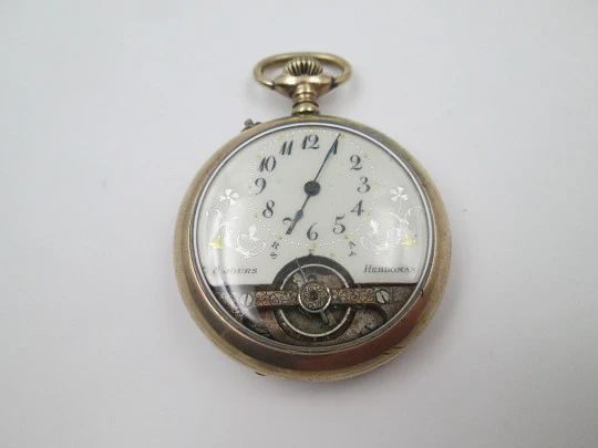 Hebdomas. Gold plated. 8 days stem-wind. Visible escapement. Porcelain dial. 1900's