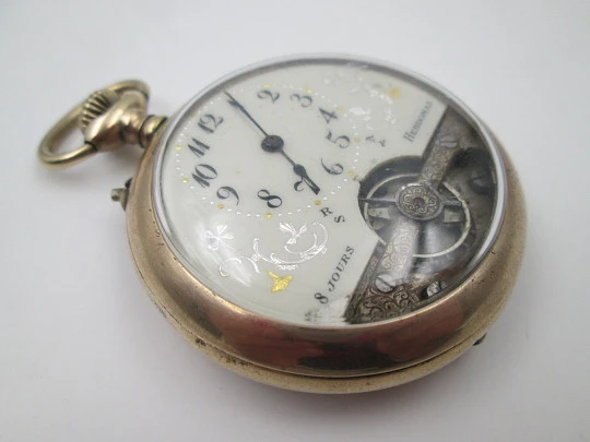 Hebdomas. Gold plated. 8 days stem-wind. Visible escapement. Porcelain dial. 1900's