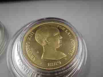 History of the Peseta boxed. 24 coins. 925 sterling silver & 24k gold plated