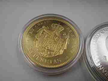 History of the Peseta boxed. 24 coins. 925 sterling silver & 24k gold plated