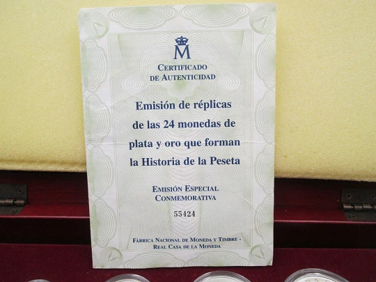 History of the Peseta boxed. 24 coins. 925 sterling silver & 24k gold plated