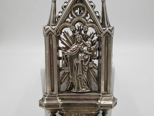 Holy water font. 916 sterling silver. Virgin and child. 1940's. Portico