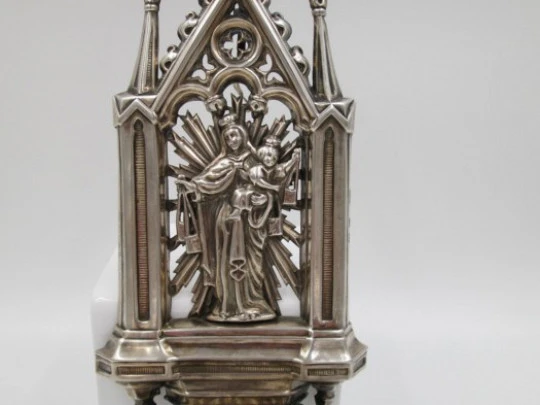 Holy water font. 916 sterling silver. Virgin and child. 1940's. Portico