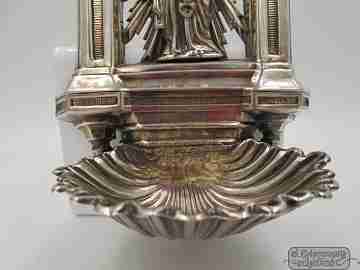 Holy water font. 916 sterling silver. Virgin and child. 1940's. Portico