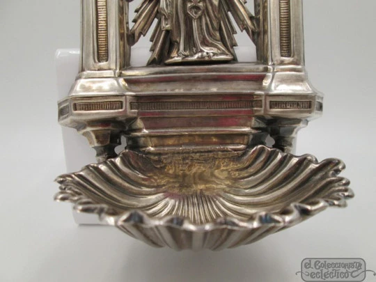 Holy water font. 916 sterling silver. Virgin and child. 1940's. Portico