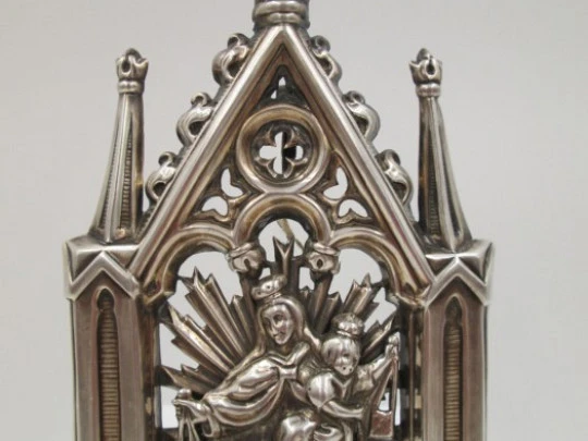 Holy water font. 916 sterling silver. Virgin and child. 1940's. Portico