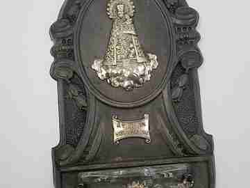 Holy water font. Silver-plated, tin and crystal. 1950's. Spain