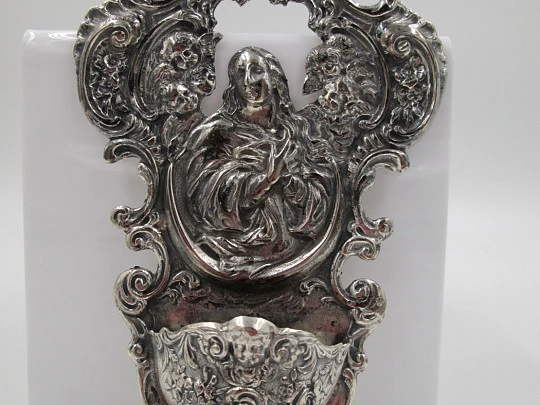 Holy water font. Sterling silver. Immaculate Conception. Cherubs