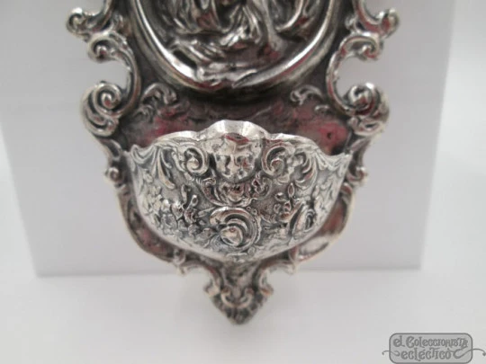 Holy water font. Sterling silver. Immaculate Conception. Cherubs