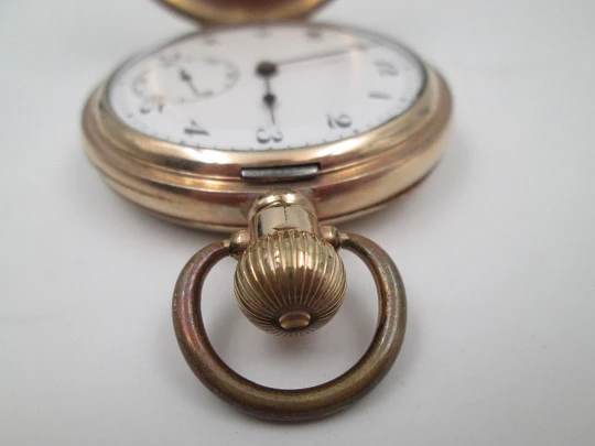 Horos hunter-case pocket watch. Gold plated metal. Stem winding. England / Swiss. 1920's