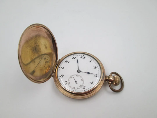 Horos hunter-case pocket watch. Gold plated metal. Stem winding. England / Swiss. 1920's