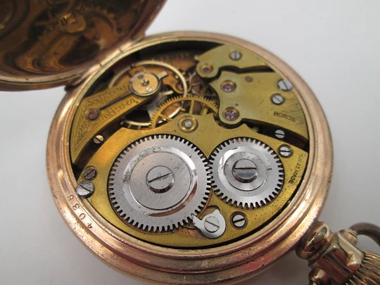 Horos hunter-case pocket watch. Gold plated metal. Stem winding. England / Swiss. 1920's