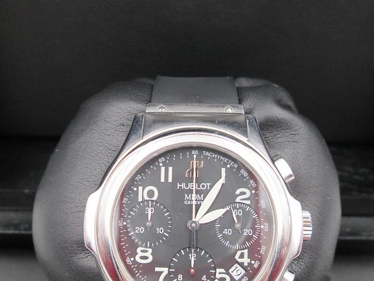 Hublot MDM Elegant automatic chronograph. Steel. Box, strap and papers. Calendar. 2010's