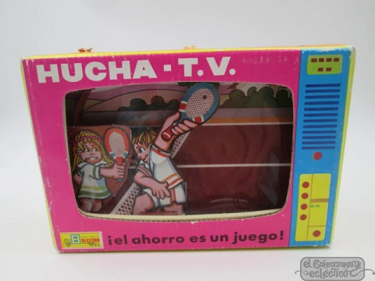 Hucha infantil Bullycan. Televisión tenis. Plástico y cartón. 1970