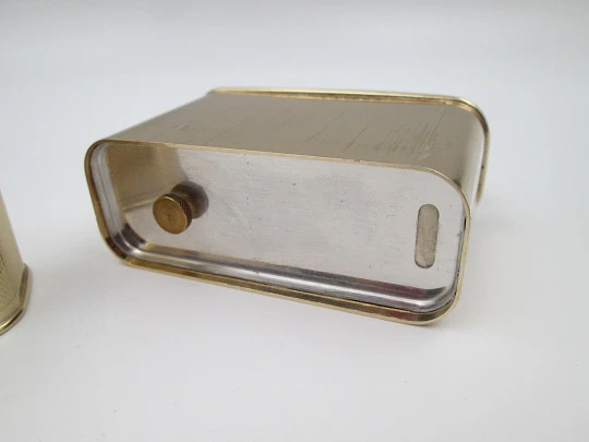 Ibelo Monopol petrol table lighter. Gold plated metal and enamel detail. Germany. 1950's Ibelo Monopol petrol table lighter. Gold plated metal and enamel detail. Germany. 1950's