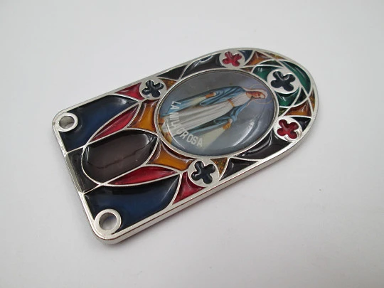 Icon / plaque Miraculous Virgin. Silver plated metal and translucent enamel. 1980's