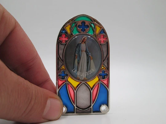 Icon / plaque Miraculous Virgin. Silver plated metal and translucent enamel. 1980's