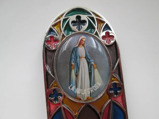 Icon / plaque Miraculous Virgin. Silver plated metal and translucent enamel. 1980's