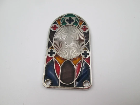 Icon / plaque Miraculous Virgin. Silver plated metal and translucent enamel. 1980's