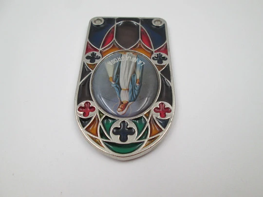 Icon / plaque Miraculous Virgin. Silver plated metal and translucent enamel. 1980's