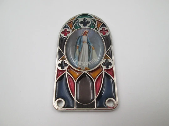 Icon / plaque Miraculous Virgin. Silver plated metal and translucent enamel. 1980's