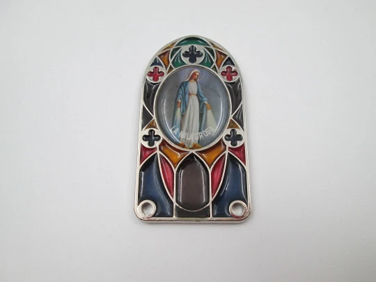 Icon / plaque Miraculous Virgin. Silver plated metal and translucent enamel. 1980's