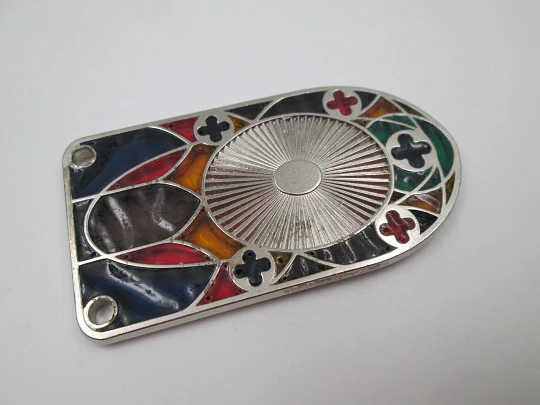 Icon / plaque Miraculous Virgin. Silver plated metal and translucent enamel. 1980's