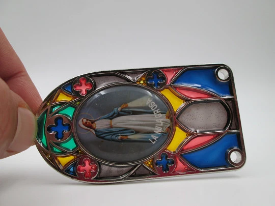 Icon / plaque Miraculous Virgin. Silver plated metal and translucent enamel. 1980's