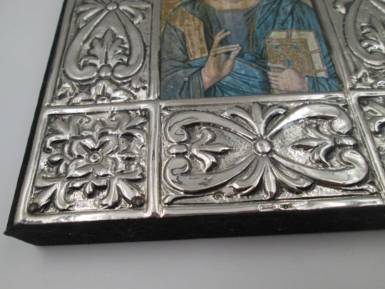 Icono bizantino rectangular Cristo Pantocrator. Plata de ley. Marco madera. Italia
