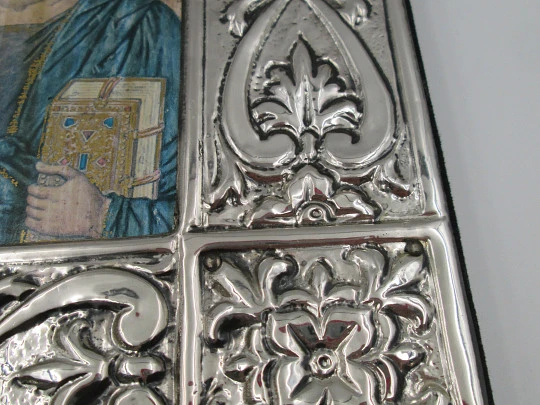 Icono bizantino rectangular Cristo Pantocrator. Plata de ley. Marco madera. Italia