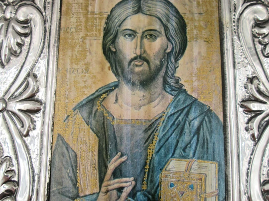 Icono bizantino rectangular Cristo Pantocrator. Plata de ley. Marco madera. Italia