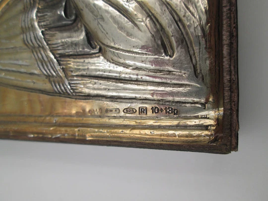 Icono bizantino rectangular Virgen con Niño. Plata de ley y baño oro. Marco madera. Italia