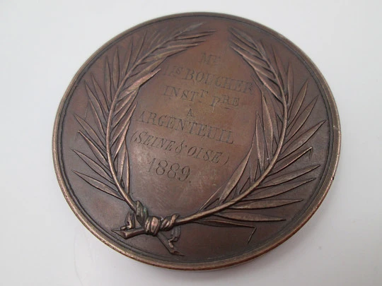 III French Republic copper medal. Primary Education. Jean Baptiste Farochon. 1889