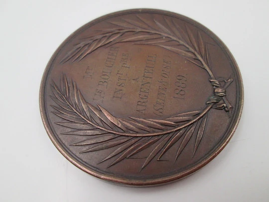 III French Republic copper medal. Primary Education. Jean Baptiste Farochon. 1889