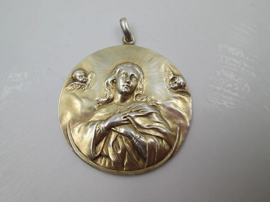 Immaculate Conception medal with cherubs. Vermeil sterling silver. 1930's