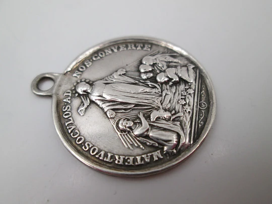 Immaculate Conception medal. Sterling silver. High relief. Cross & Mary anagram. 1940's