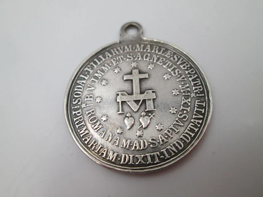 Immaculate Conception medal. Sterling silver. High relief. Cross & Mary anagram. 1940's