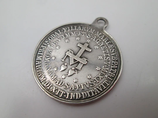 Immaculate Conception medal. Sterling silver. High relief. Cross & Mary anagram. 1940's