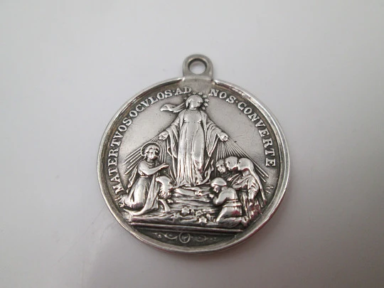 Immaculate Conception medal. Sterling silver. High relief. Cross & Mary anagram. 1940's
