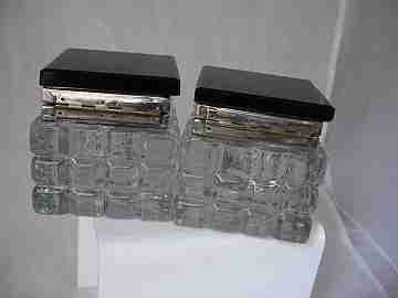 Inkwells. Cut crystal. Black caps. Silver metal. 1940's. 801 grams