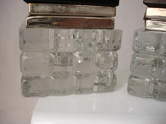 Inkwells. Cut crystal. Black caps. Silver metal. 1940's. 801 grams