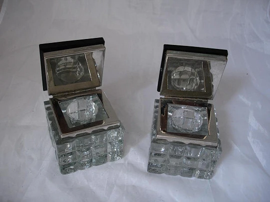 Inkwells. Cut crystal. Black caps. Silver metal. 1940's. 801 grams