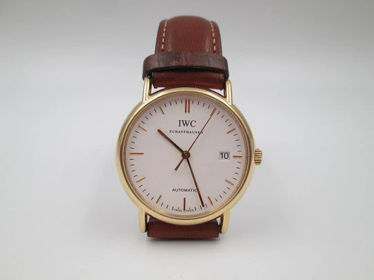 IWC Portofino men's wristwatch. 18k yellow gold. White dial. Leather box. Swiss. 2004