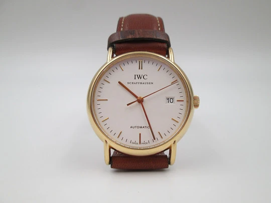 IWC Portofino men's wristwatch. 18k yellow gold. White dial. Leather box. Swiss. 2004