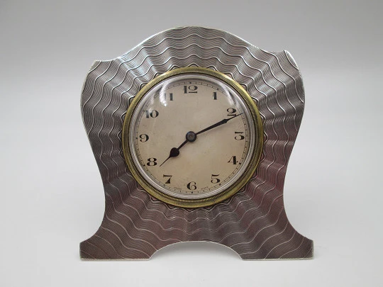 J. H. Williams table & desk clock. Sterling silver and bronze. Wind-up. Swiss / UK. 1920's