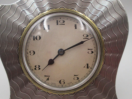 J. H. Williams table & desk clock. Sterling silver and bronze. Wind-up. Swiss / UK. 1920's