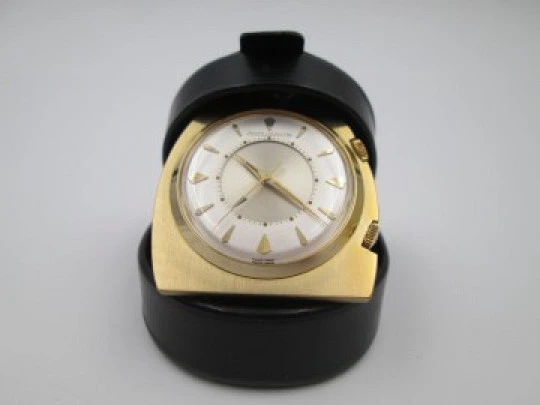 Jaeger LeCoultre Memovox travel alarm clock. Gold plated. Leather case. 1970's