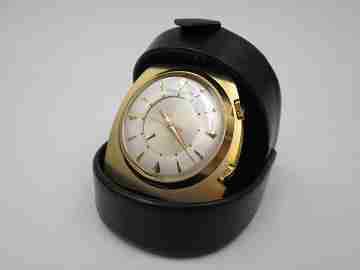Jaeger LeCoultre Memovox travel alarm clock. Gold plated. Leather case. 1970's